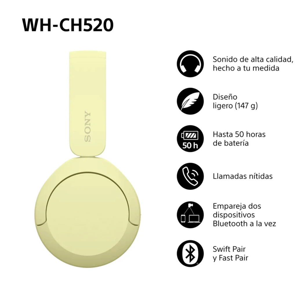 Auriculares on-ear Sony WH-CH520 amarillos, diadema ajustable y copas acolchadas, diseño ligero plegable, controles laterales y logotipo Sony visible
