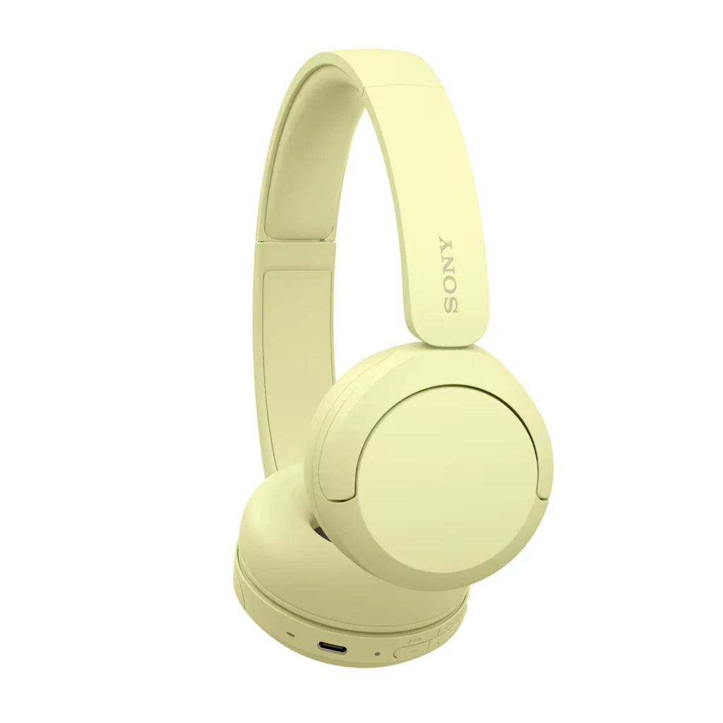 Auriculares Sony WH-CH520 Amarillo, diadema acolchada, diseño on-ear plegable, controles integrados y puerto USB-C en copa izquierda. Color amarillo pastel.