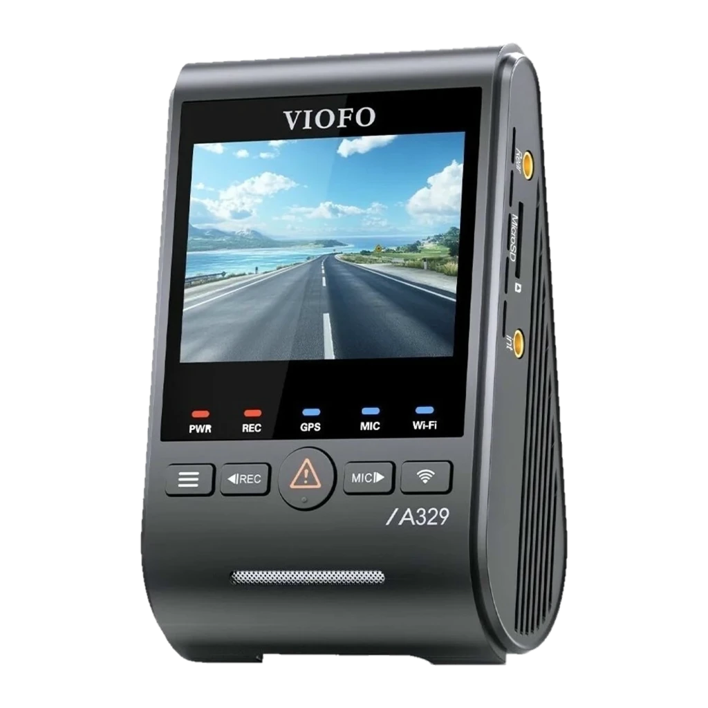 VIOFO A329S 3CH Dashcam con pantalla a color, botones frontales y ranura microSD lateral; indicador de GPS, WiFi y mic; cuerpo compacto gris con ventilación