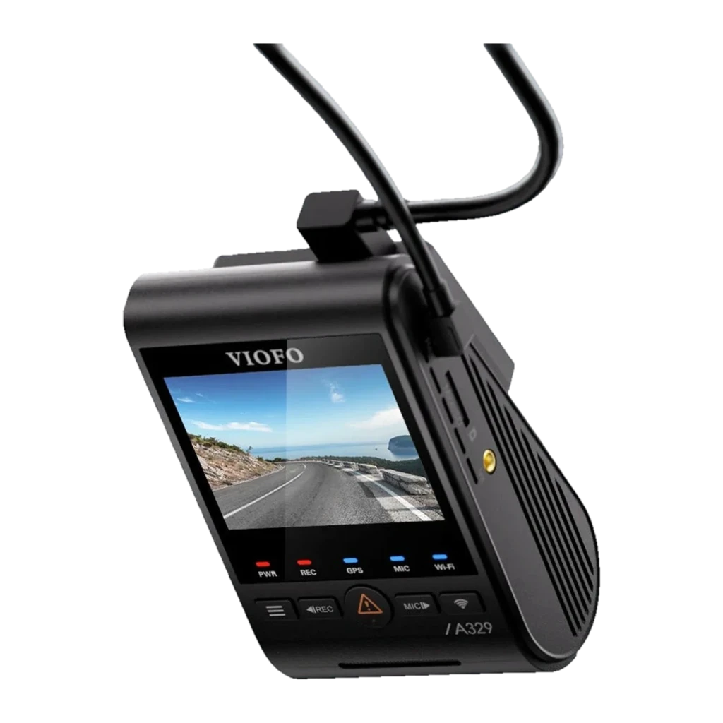 VIOFO A329S 3CH Dashcam 4K + 2K Trasera + 2K Fisheye con pantalla lateral, botones LED, micrófono, ranuras de ventilación y cableado superior WiFi 6 140°