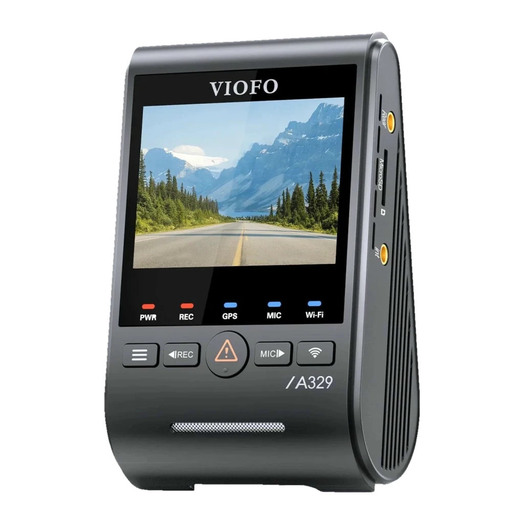VIOFO A329S 3CH Dashcam con pantalla a color, botones LED, ranura microSD y ventilación lateral; diseño compacto en gris con cámara frontal integrada