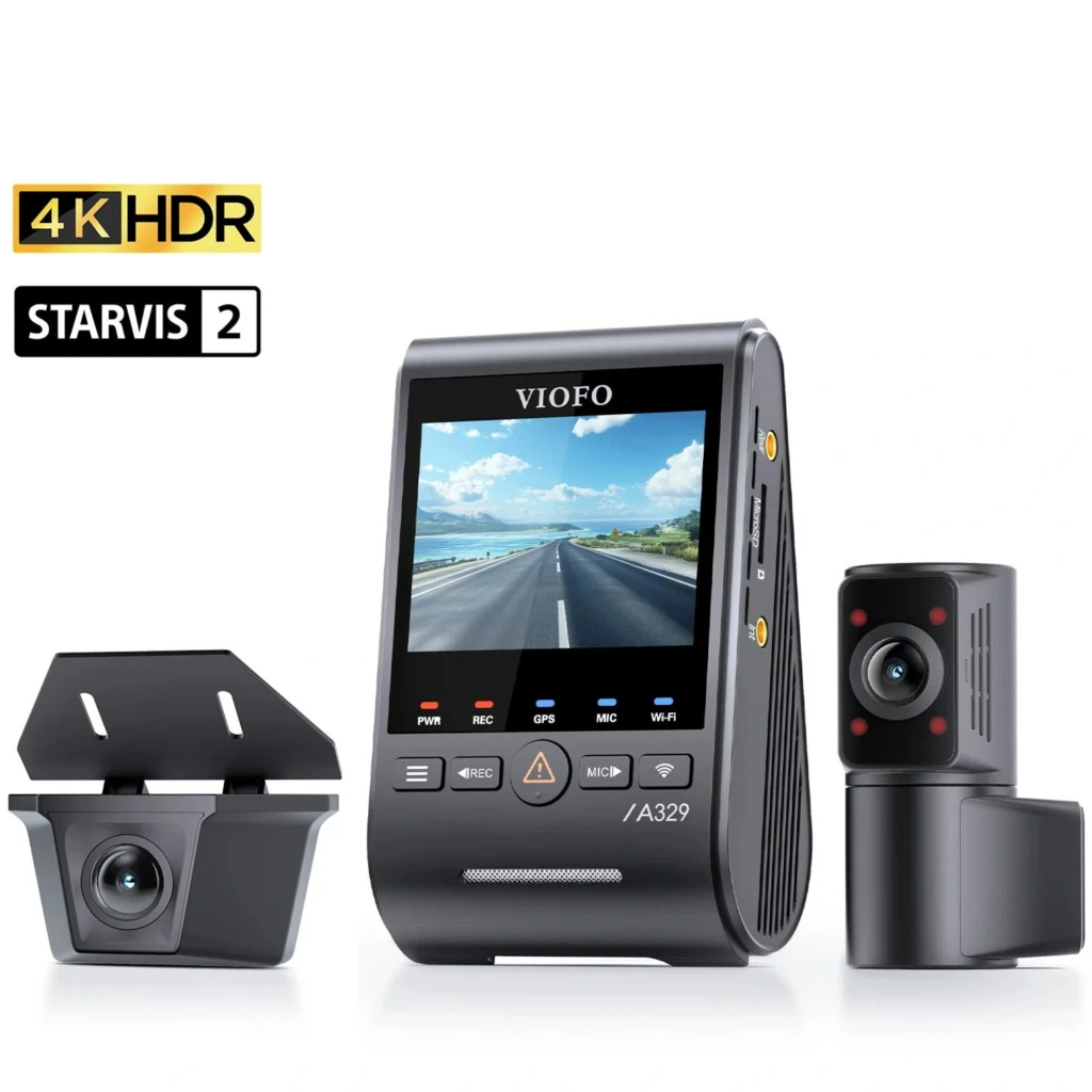 VIOFO A329SW 3CH Dashcam 4K HDR con pantalla, cámaras frontal 4K, trasera y cabina 2K, WiFi 6, sensores Sony STARVIS 2, diseño compacto y botones frontales