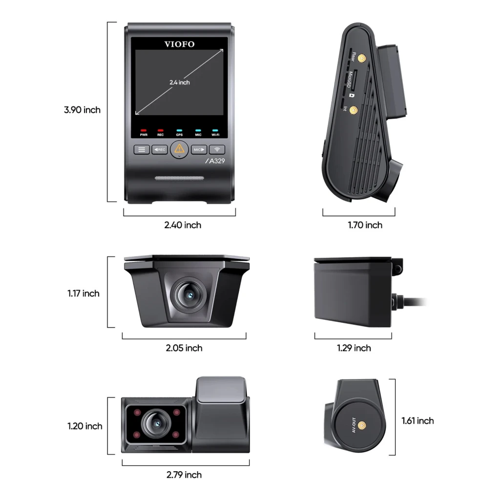VIOFO A329SW 3CH Dashcam 4K con pantalla 2.4, módulos frontal, trasero y cabina, lentes gran angular, ranuras microSD, puertos laterales y diseño compacto