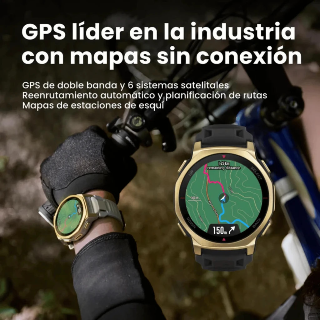 Reloj Amazfit T-Rex 3 Pro Tactical Black con GPS de doble banda, pantalla a color y mapas offline; diseño robusto deportivo y rutas de esquí en pantalla