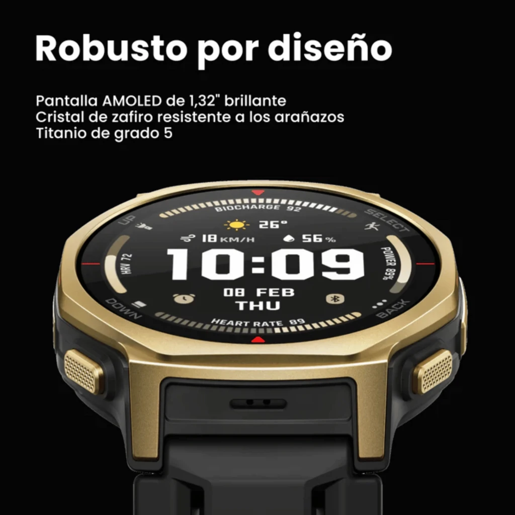 Amazfit T-Rex 3 Pro GPS en negro táctico con bisel dorado, pantalla AMOLED 1,32 pulgadas, cristal de zafiro, botones rugosos y correa robusta