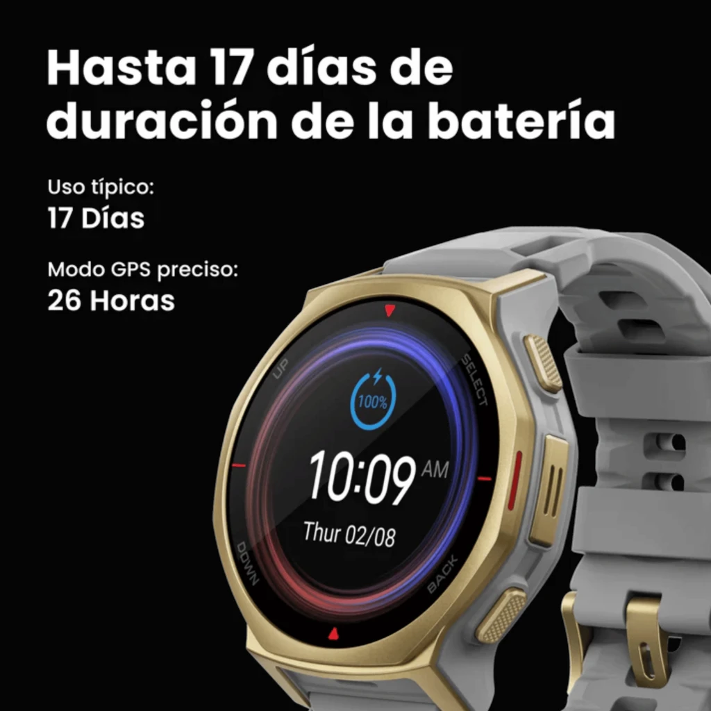 Amazfit T-Rex 3 Pro Tactical Black con bisel dorado, pantalla circular con indicador de batería, correa gris resistente y botones laterales marcados