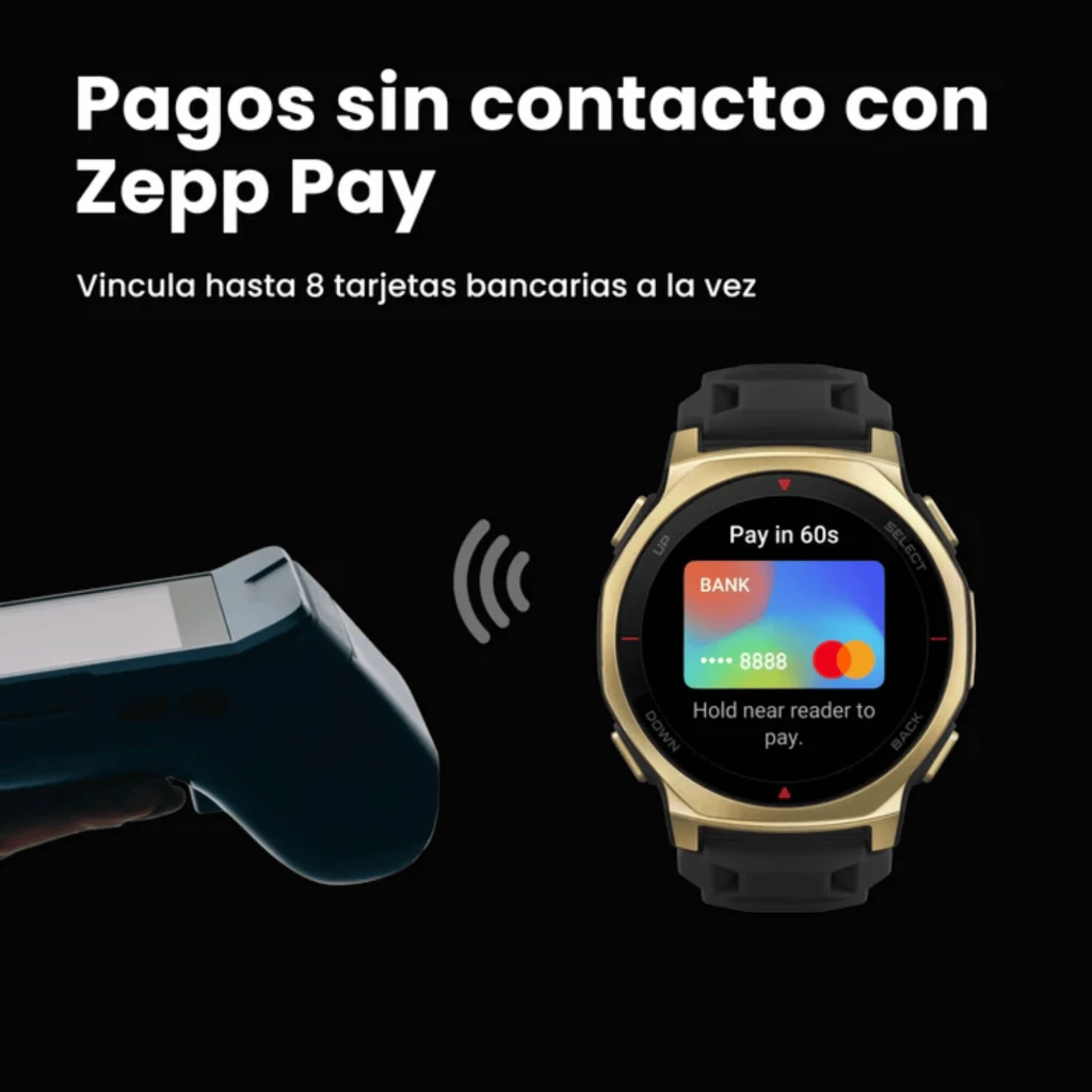 Amazfit T-Rex 3 Pro Tactical Black con bisel dorado, correa negra y pantalla a color mostrando Zepp Pay para pagos sin contacto con lector cercano