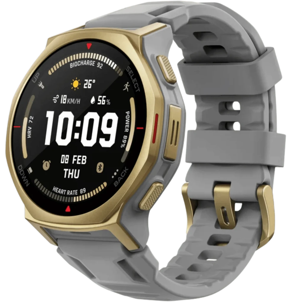 Amazfit T-Rex 3 Pro Reloj Deportivo GPS 19 días Mapas Offline Artic Gold con bisel dorado, correa gris robusta, pantalla circular táctil y botones laterales