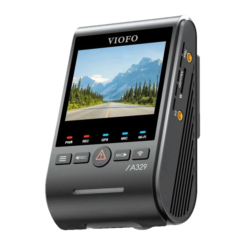VIOFO A329S câmara de bordo 4K 60 fps com tela colorida, botões frontais e laterais, corpo compacto preto, portas USB e microSD, visão noturna e HDR