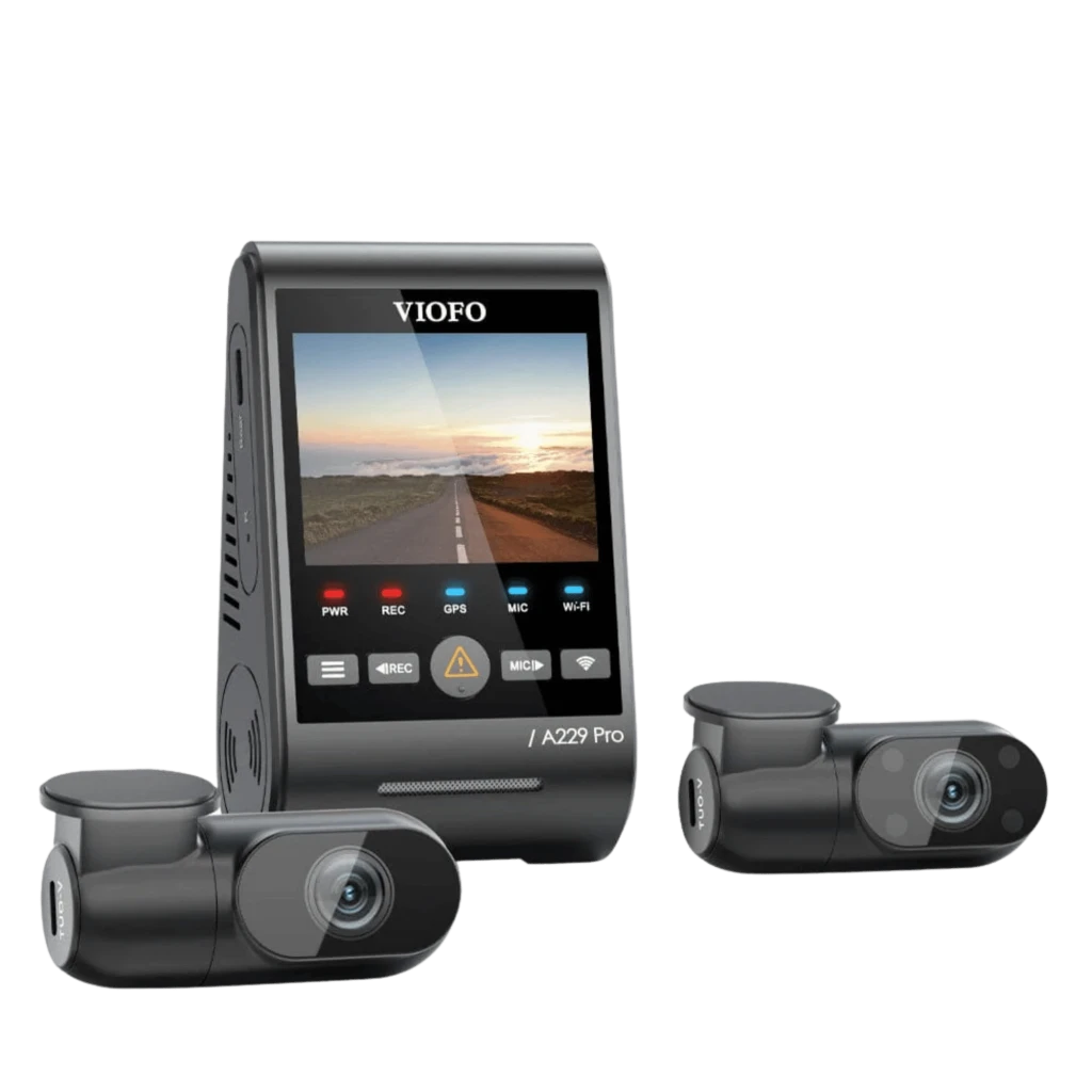 VIOFO A229 Ultra 3CH com tela LCD frontal e duas câmeras compactas; botões iluminados REC, GPS, MIC, WiFi; design preto, lentes grandes angulares