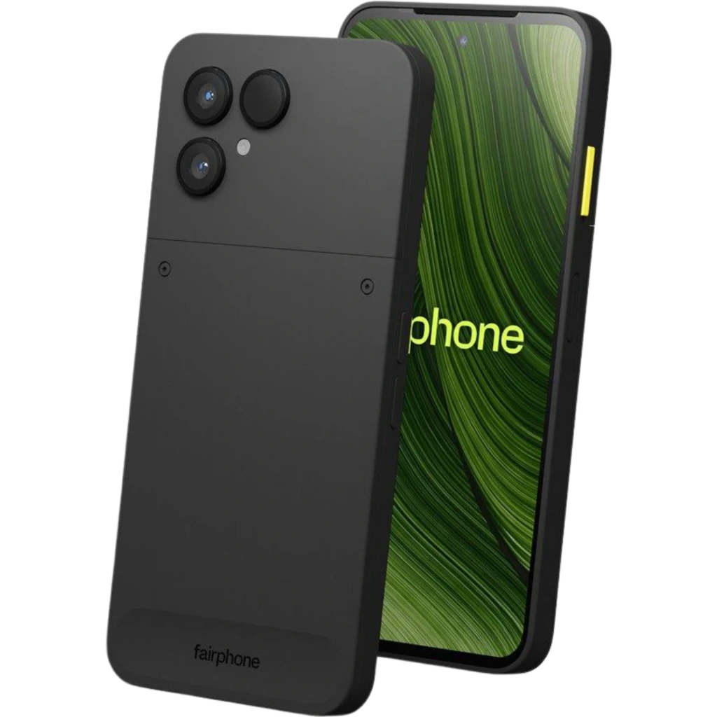Fairphone 6 5G negro con pantalla pOLED 6,31 pulgadas, marco robusto, botón lateral amarillo y doble cámara trasera grande con flash y sensor adicional