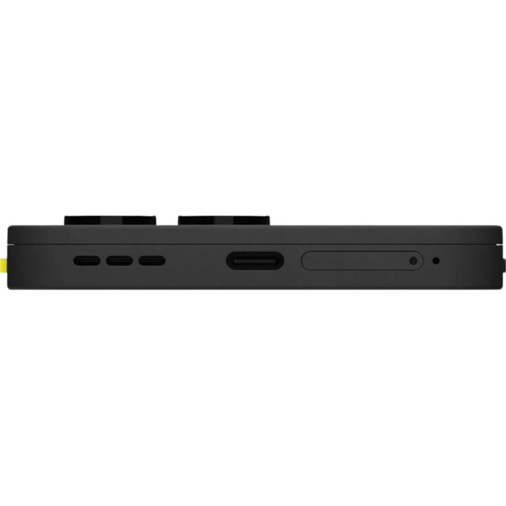 Borde lateral del Fairphone 6 5G negro con módulo de cámara sobresaliente, ranura SIM, puerto USB‑C y rejillas de altavoz en un diseño modular y robusto