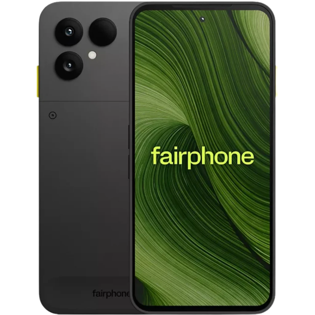 Fairphone 6 5G negro con pantalla pOLED 6,31 pulgadas, frontal con biseles finos y cámara en orificio, trasera mate con doble cámara grande y flash triple