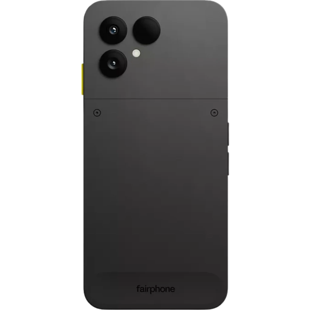 Parte trasera del Fairphone 6 5G negro con doble cámara grande, flash y diseño modular con tornillos visibles; botón lateral amarillo contrastante