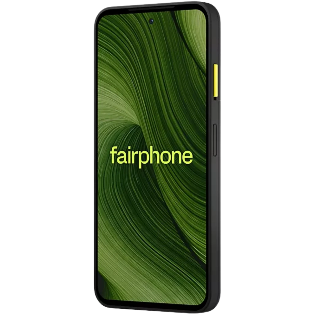 Fairphone 6 5G negro con pantalla pOLED 6,31 pulgadas, borde negro y botón lateral amarillo, diseño sobrio y moderno, 256 GB y 8 GB RAM visibles en nombre