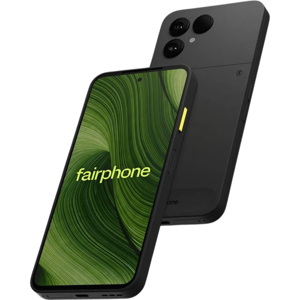 Fairphone 6 5G negro con pantalla pOLED 6,31, marco robusto, botón lateral amarillo y doble cámara trasera grande; 8 GB RAM y 256 GB de almacenamiento