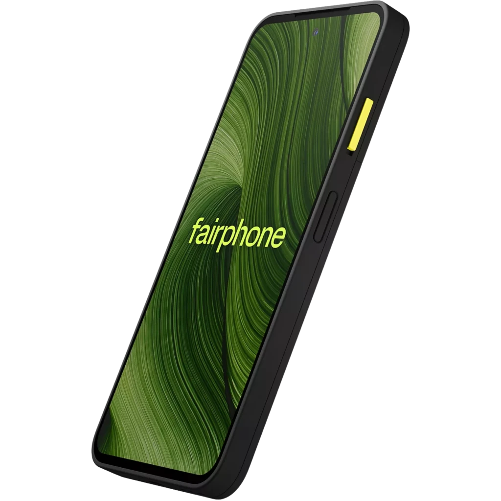 Smartphone negro con pantalla pOLED 6,31 pulgadas sin biseles, borde robusto, botón lateral amarillo y lector de huellas; diseño Fairphone 6 5G 256 GB 8 GB