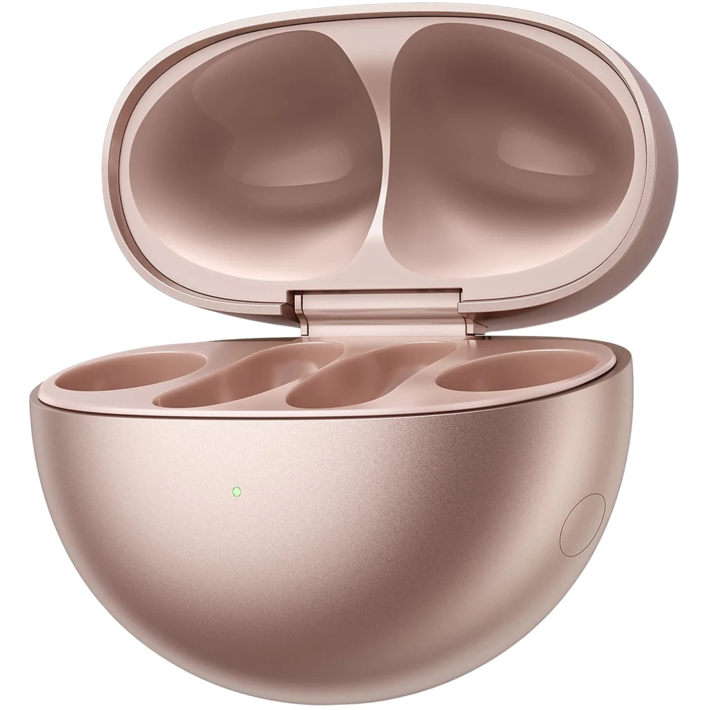 Estuche de carga HUAWEI FreeClip Rose Gold con acabado metálico rosado, forma ovalada, tapa abatible y cavidades internas para auriculares y luz LED frontal