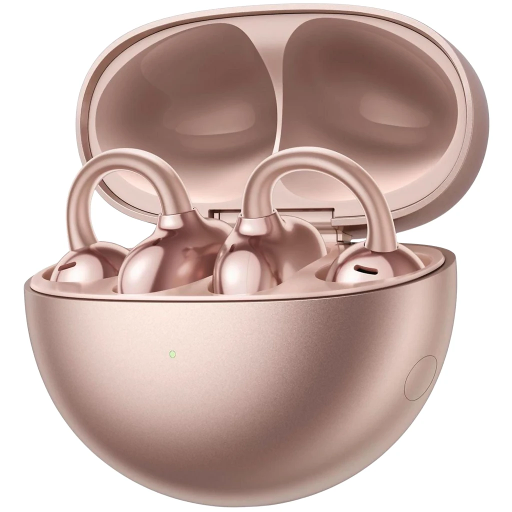 HUAWEI FreeClip Rose Gold con diseño open-ear en forma de clip, acabado metalizado rosa, estuche redondeado a juego y luces LED indicadoras