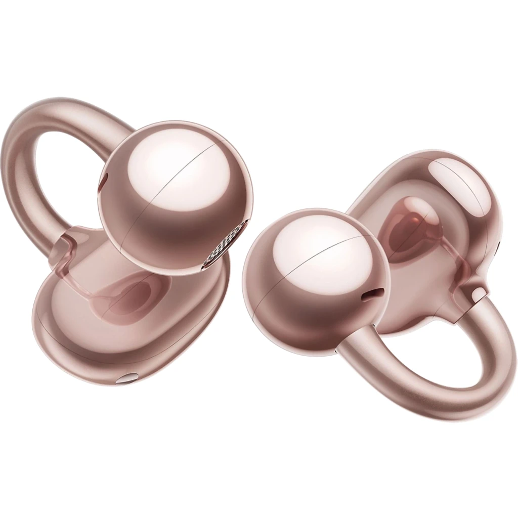 HUAWEI FreeClip Rose Gold: audífonos open-ear en color oro rosa con diseño en clip en forma de anillo y esfera brillante, acabado metálico elegante y