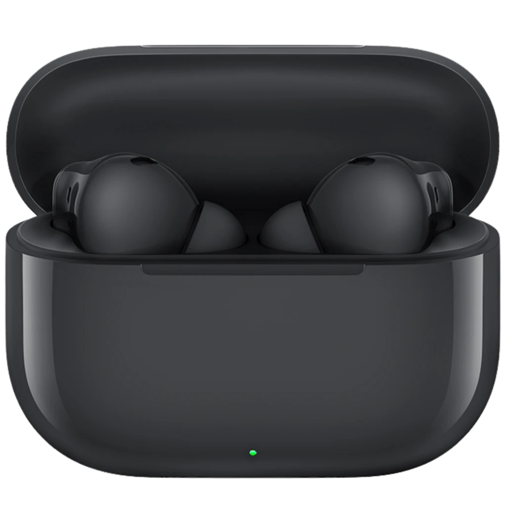 Estuche negro brillante con auriculares Huawei FreeBuds SE 4, diseño compacto intraaural, indicador LED frontal, acabado suave y forma ergonómica