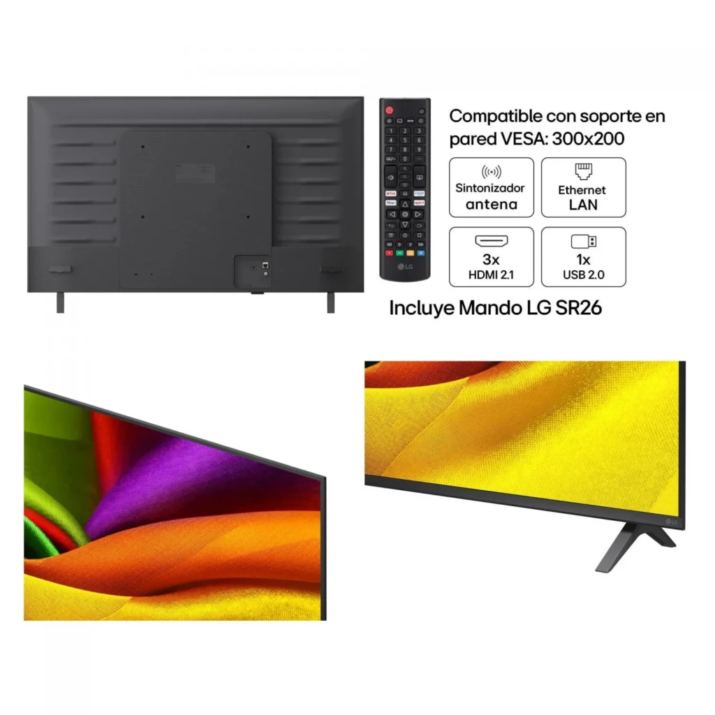 LG 43NU8E0B3LA Smart TV NanoCell 43" 4K UHD, biseles finos, peana en V, puertos traseros HDMI x3 y LAN, compatible VESA 300x200, incluye mando LG SR26