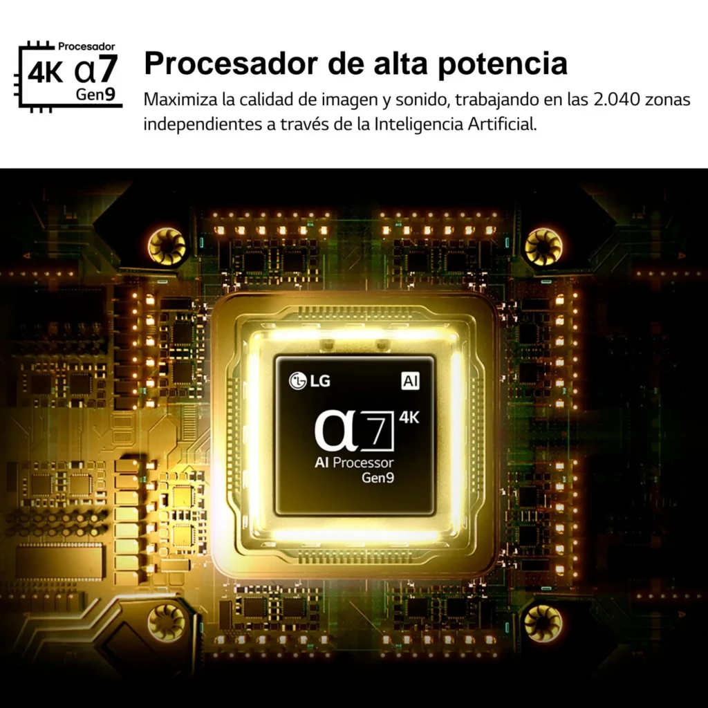 LG 43NU8E0B3LA Smart TV NanoCell 43" 4K UHD con procesador α7 AI Gen9 resaltado en chip dorado, destaca potencia y mejora de imagen y sonido