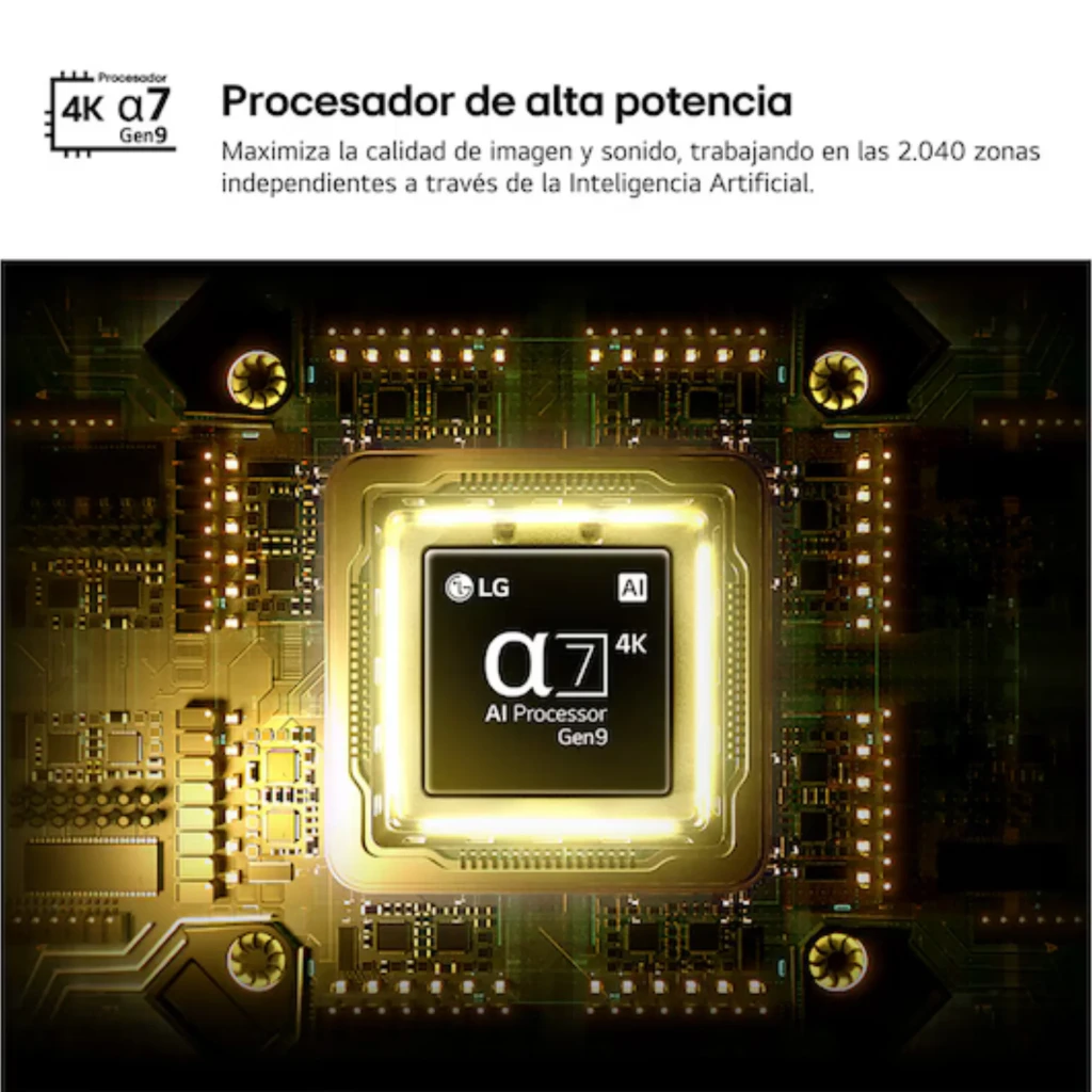 LG 43QNED86B6B Smart TV QNED MiniLED 43 pulgadas 4K con procesador α7 AI Gen9 destacado en un chip iluminado, diseño negro elegante