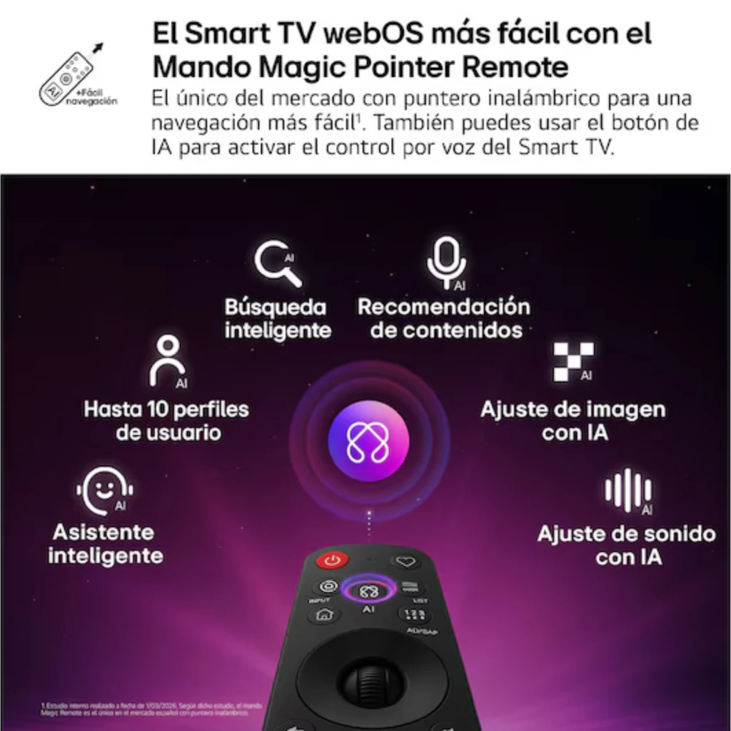 LG 50QNED86B6B con mando Magic Remote: puntero inalámbrico, botón IA, accesos rápidos y control por voz; interfaz webOS con iconos de funciones AI
