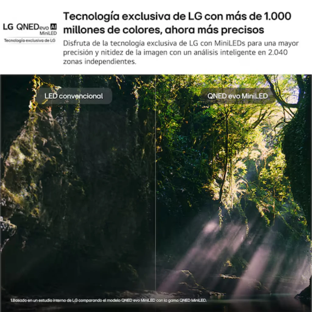 LG 50QNED86B6B Smart TV QNED MiniLED 50 pulgadas 4K α8 AI Gen3 negro, panel con MiniLED y contraste mejorado; compara LED convencional vs QNED evo MiniLED