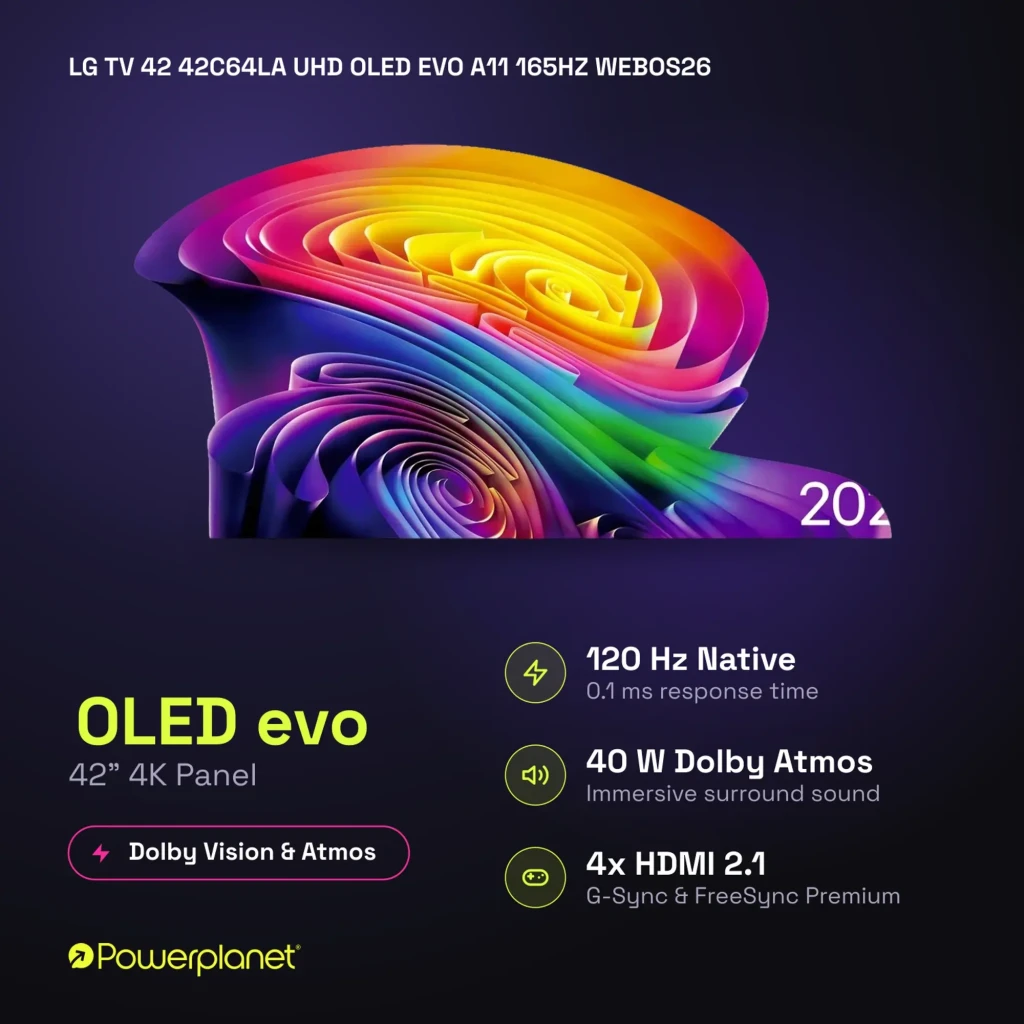 LG 42C64LA Smart TV OLED Evo 42 4K con panel ultrafino, bisel mínimo, colores vivos y negros profundos, logos de 120 Hz, Dolby Vision Atmos y 4 HDMI 2.1