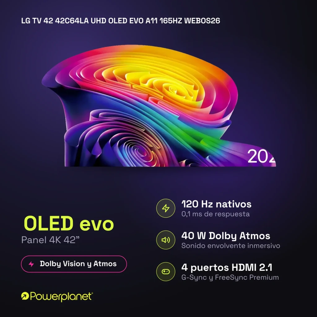 LG 42C64LA Smart TV OLED Evo 42 pulgadas 4K α11 AI Gen3 con panel OLED vibrante, 120 Hz, respuesta 0,1 ms, Dolby Vision Atmos y 4 puertos HDMI 2.1