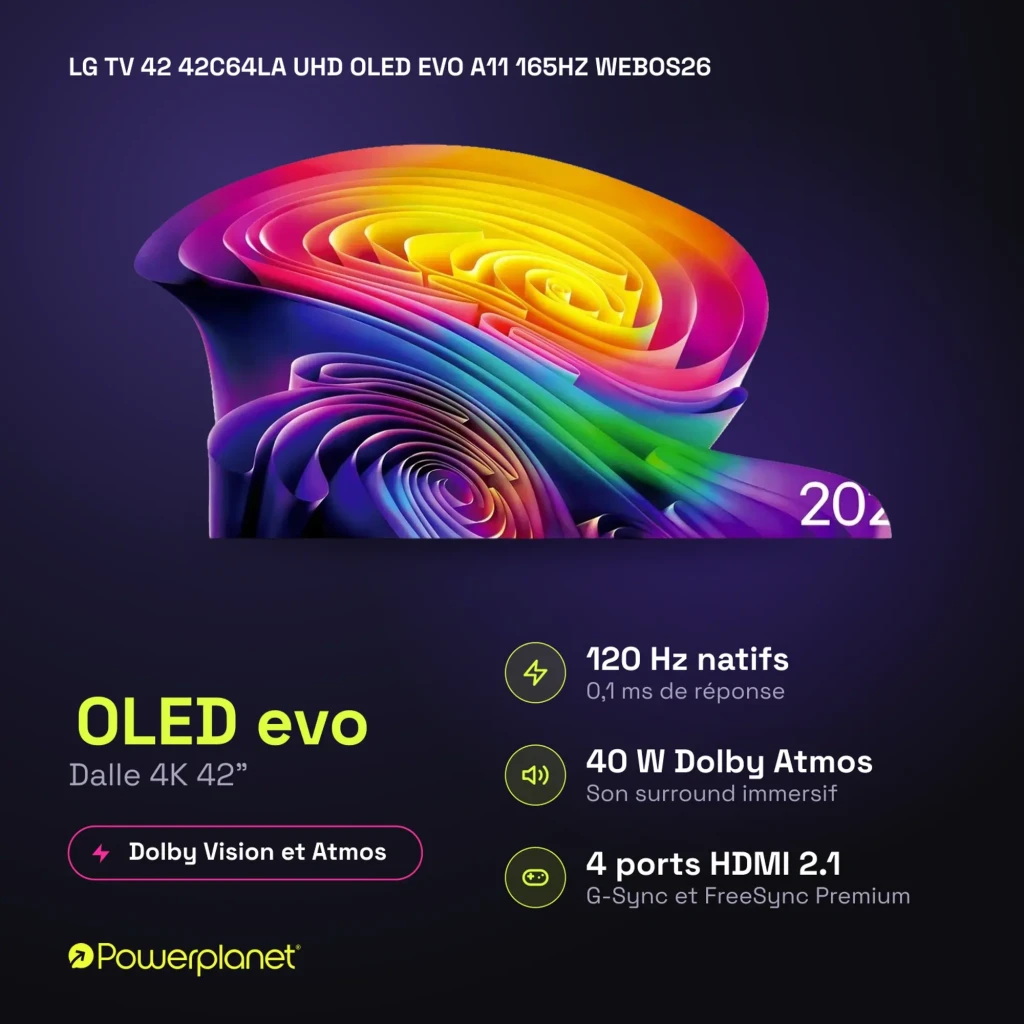LG 42C64LA Smart TV OLED Evo 42 4K α11 AI Gen3 con pantalla OLED 4K, colores vibrantes, 120 Hz, 0,1 ms, Dolby Vision y Atmos, 4 HDMI 2.1, diseño fino
