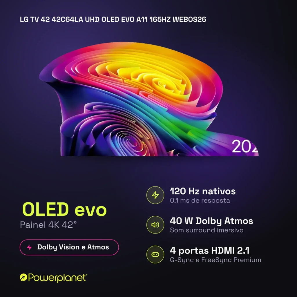LG 42C64LA Smart TV OLED Evo 42" 4K α11 AI Gen3 con panel 4K, 120 Hz, 0,1 ms, Dolby Vision y Atmos, 4 HDMI 2.1, ideal para juegos y cine