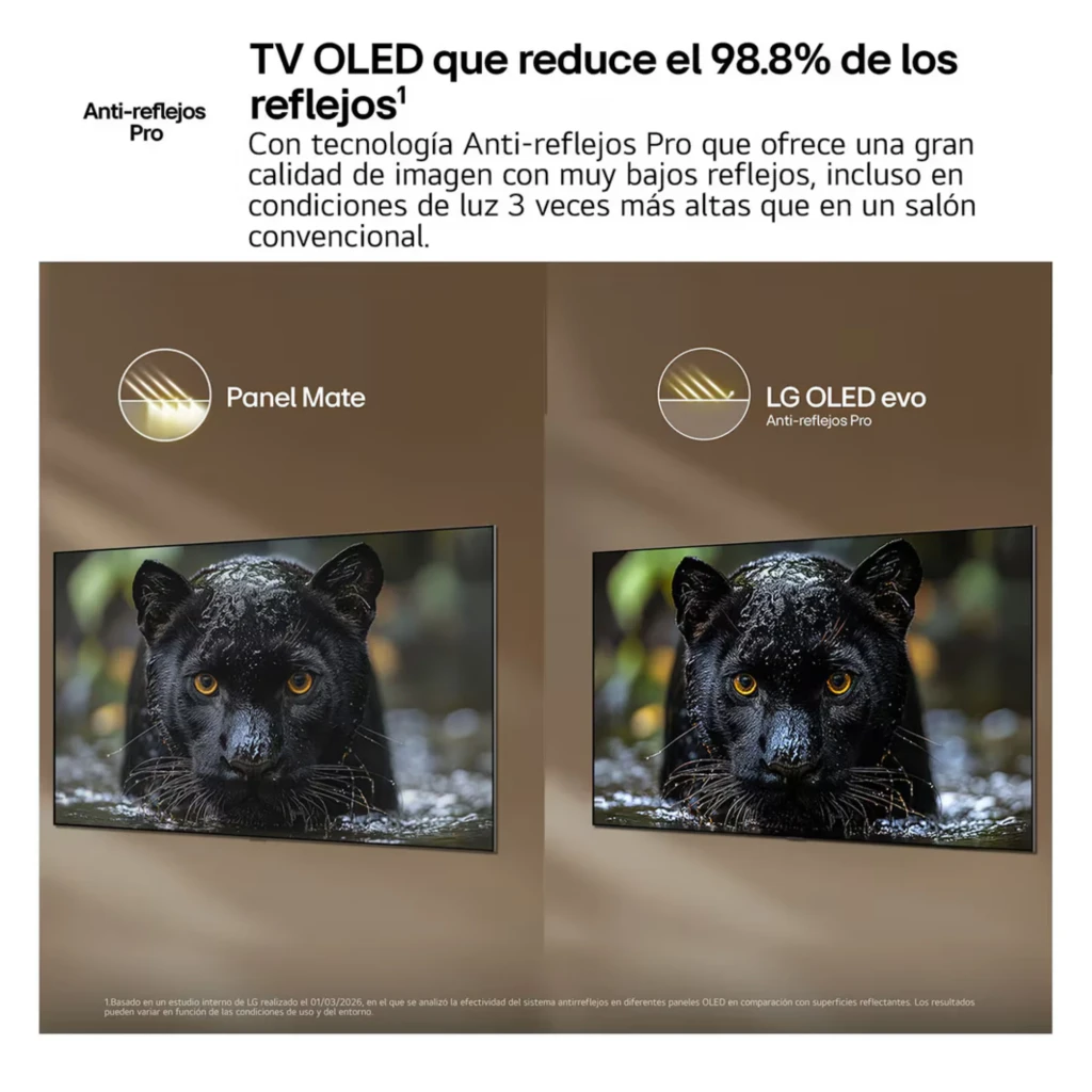 LG 48C64LA Smart TV OLED Evo 48" 4K α11 AI Gen3 con panel mate y tecnología anti reflejos, comparativa mostrando reducción del 98.8% de reflejos