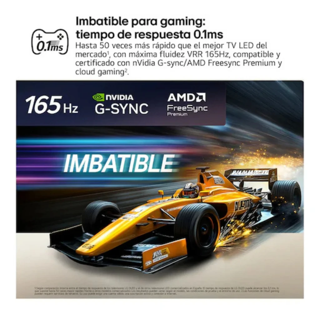 Banner promocional para gaming con auto de carreras naranja a alta velocidad, texto Imbatible, destaca 165 Hz, NVIDIA G-SYNC, AMD FreeSync y respuesta de 0.1 ms