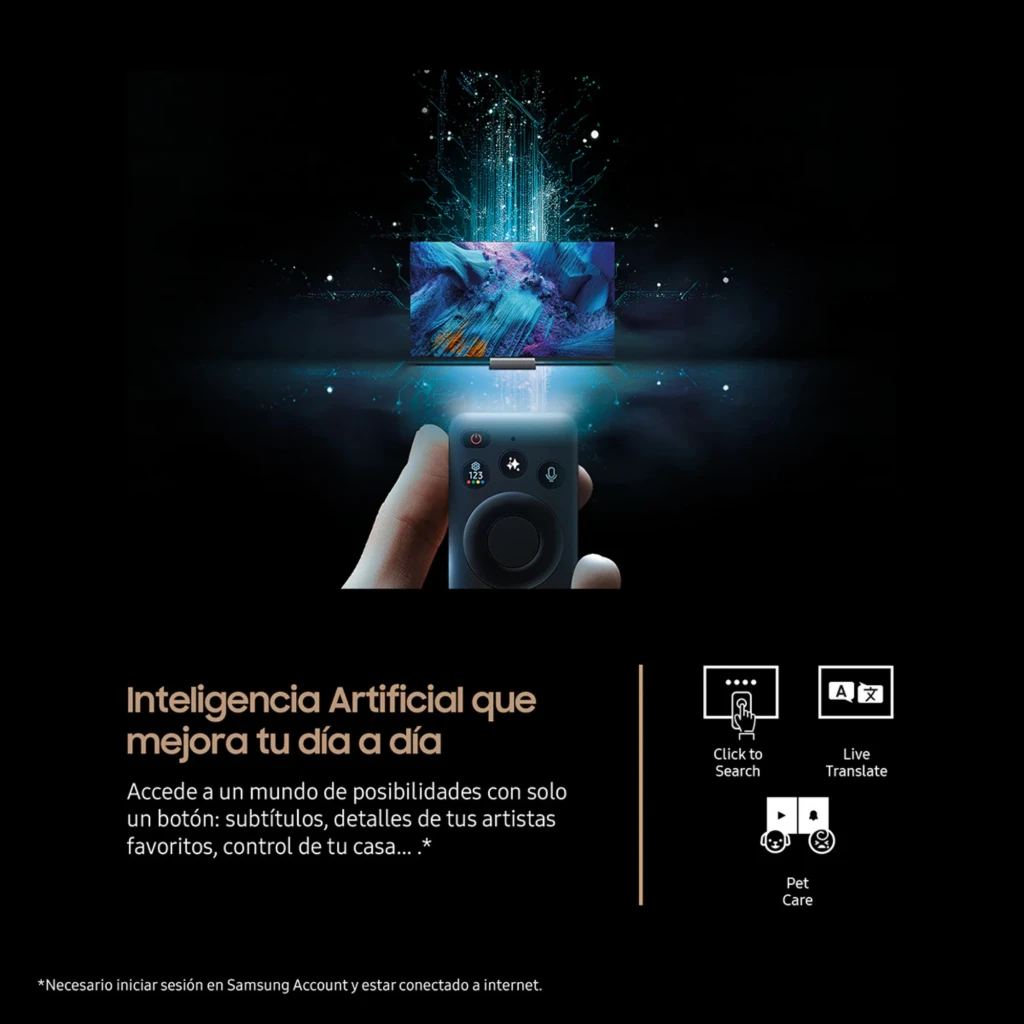 Control remoto de Samsung TQ65QN74FAT: botón de acceso a IA para buscar, traducir y controlar funciones del TV; iconos de Click to Search, Live Translate y