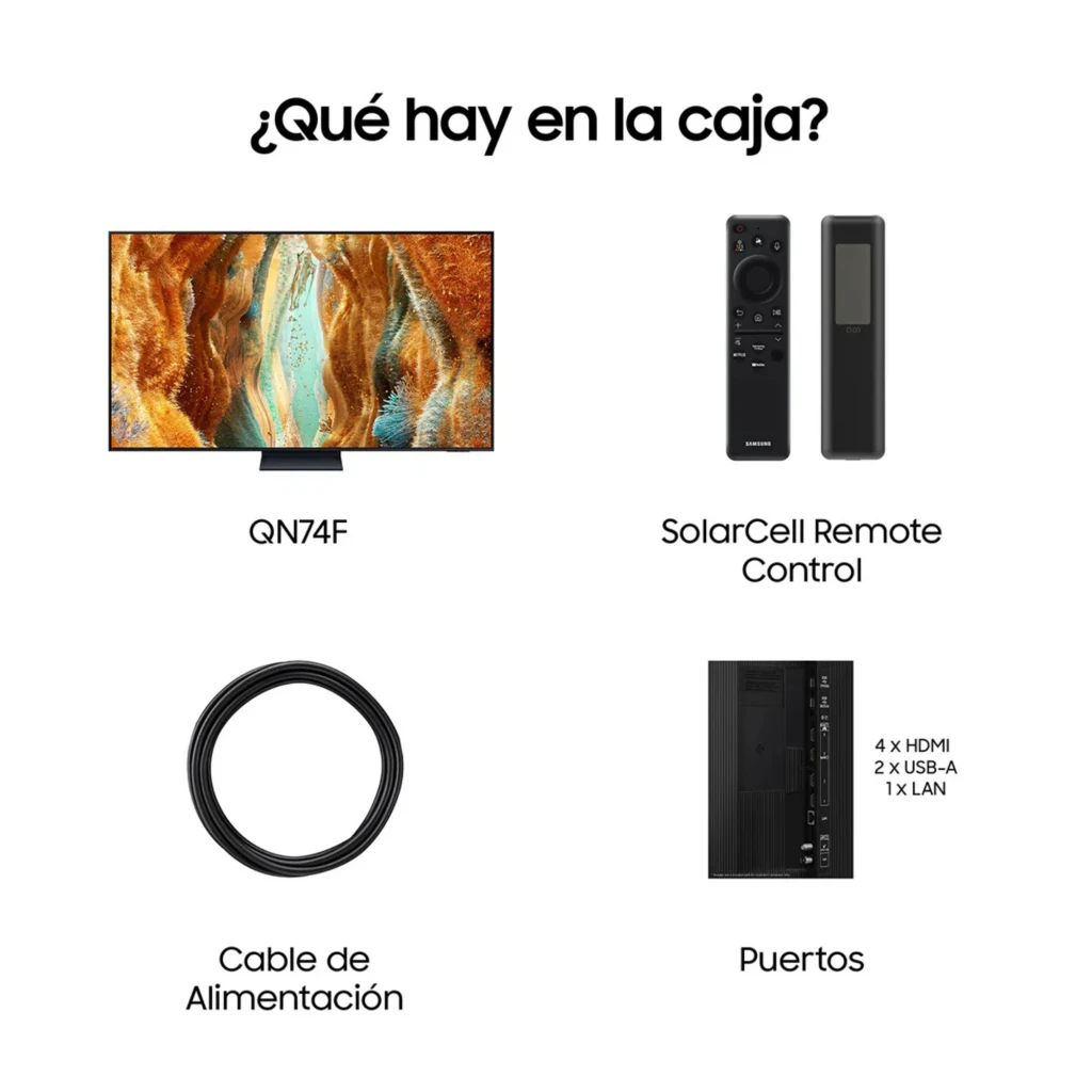 Samsung TQ65QN74FAT Smart TV Neo QLED 65 4K negro con biseles finos, mando SolarCell, cable de alimentación y panel lateral con 4 HDMI, 2 USB y LAN