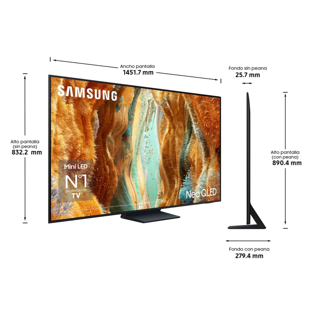 Samsung TQ65QN74FAT Smart TV Neo QLED 65" 4K, marco delgado negro, pantalla ultra fina 25.7 mm, peana central robusta, medidas detalladas en la imagen