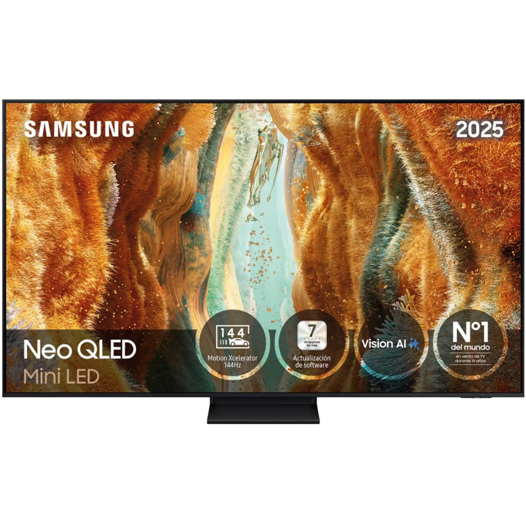 Samsung TQ65QN74FAT Smart TV Neo QLED 65 pulgadas 4K con Mini LED, bisel ultrafino negro, base central discreta y pantalla con panel de especificaciones 2025