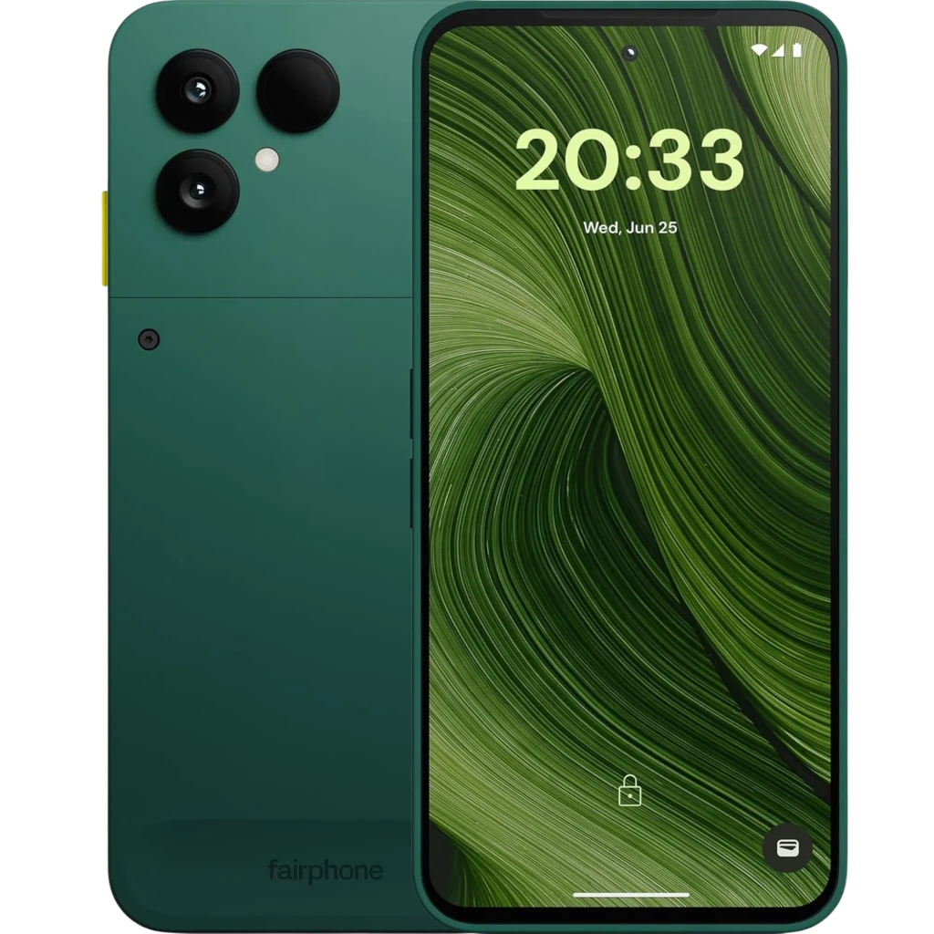 Fairphone 6 5G 256 GB Verde con pantalla 120 Hz, marco verde, módulo dual de cámaras grandes, botón lateral amarillo y frontal con biseles delgados