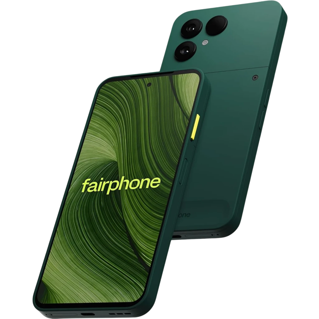 Fairphone 6 5G verde con pantalla 120 Hz de biseles finos, cámara dual trasera grande, frontal perforada centrada y botón lateral amarillo llamativo