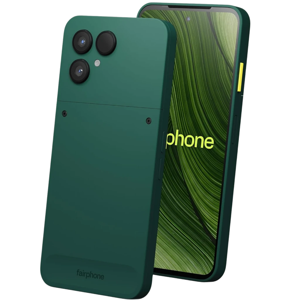 Fairphone 6 5G verde con carcasa modular, doble cámara trasera grande, pantalla 120 Hz con biseles finos y botón lateral amarillo, 256 GB y 8 GB RAM