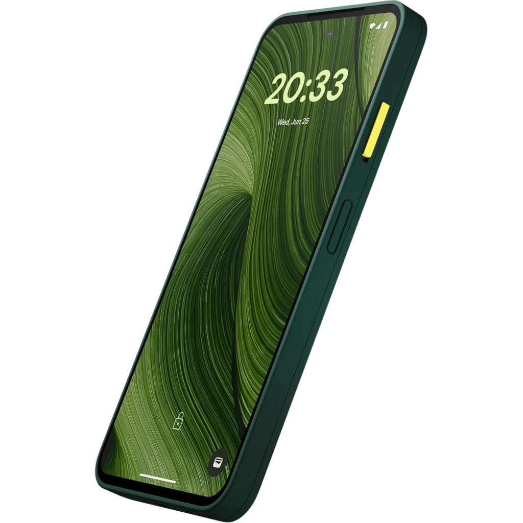 Fairphone 6 5G verde con pantalla 120 Hz, bordes robustos y botón lateral amarillo; diseño modular sostenible, 8 GB RAM y 256 GB de almacenamiento