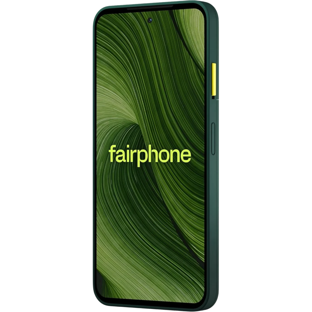 Smartphone Fairphone 6 5G verde con pantalla 120 Hz, borde robusto en tono oscuro, botón lateral amarillo y cámara frontal en orificio central