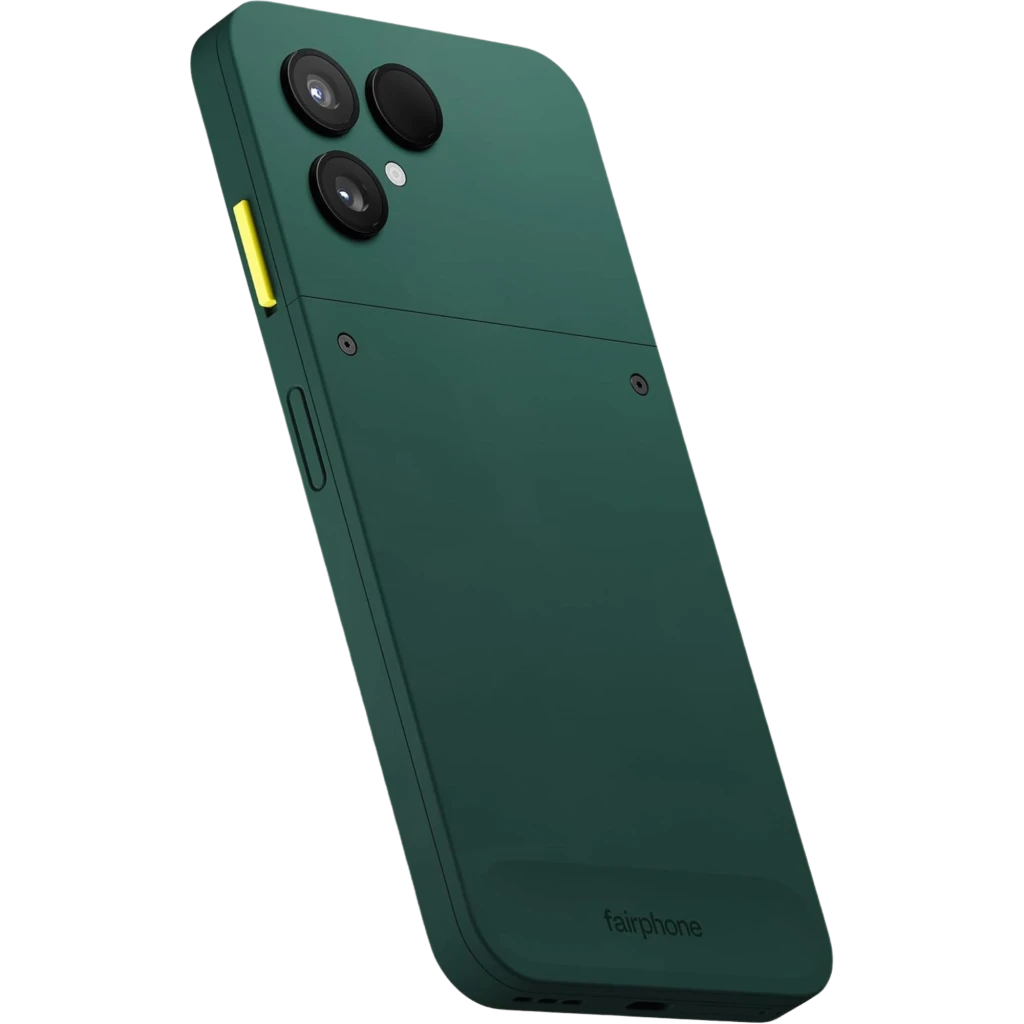 Fairphone 6 5G 256 GB Verde 8 GB 120 Hz con trasera verde mate, módulo inferior desmontable, doble cámara trasera grande y botón lateral amarillo