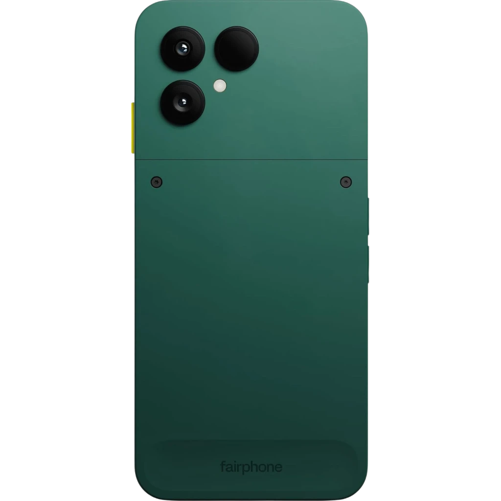 Fairphone 6 5G verde con trasera modular, dos cámaras grandes y una menor, módulo superior atornillado, botón lateral amarillo, acabado mate elegante