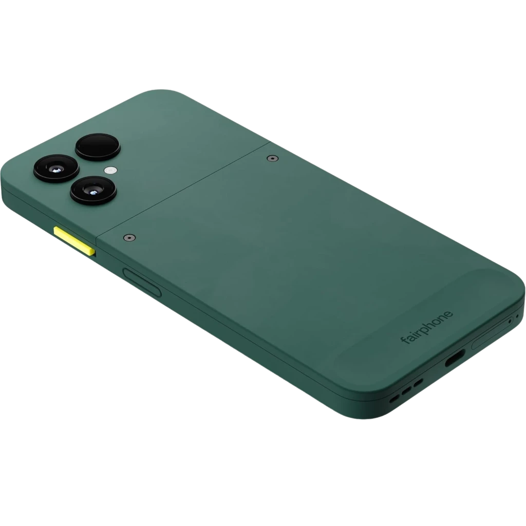 Fairphone 6 5G verde con carcasa modular, triple cámara trasera destacada y botón lateral amarillo, diseño sostenible y puerto USB-C