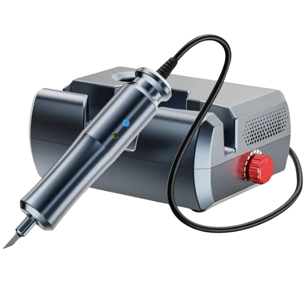 Two Trees U1 Cortador Ultrasónico Portátil 40 kHz con unidad base gris, mango metálico ergonómico, cable flexible y punta de corte fina con luz indicadora