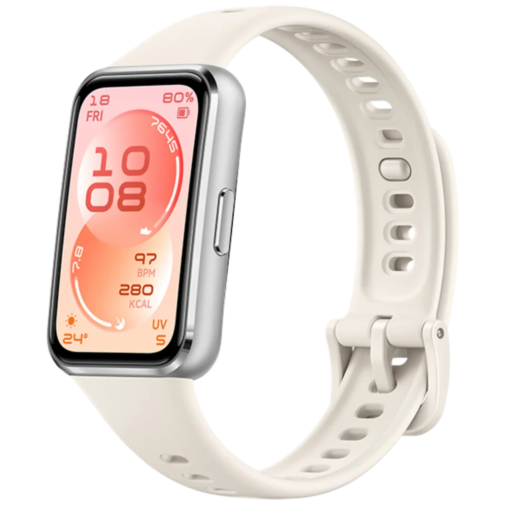Huawei Band 11 pulsera blanca con pantalla AMOLED 1,62 pulgadas, bisel metálico plata, correa ajustable con hebilla y múltiples orificios, diseño 5ATM